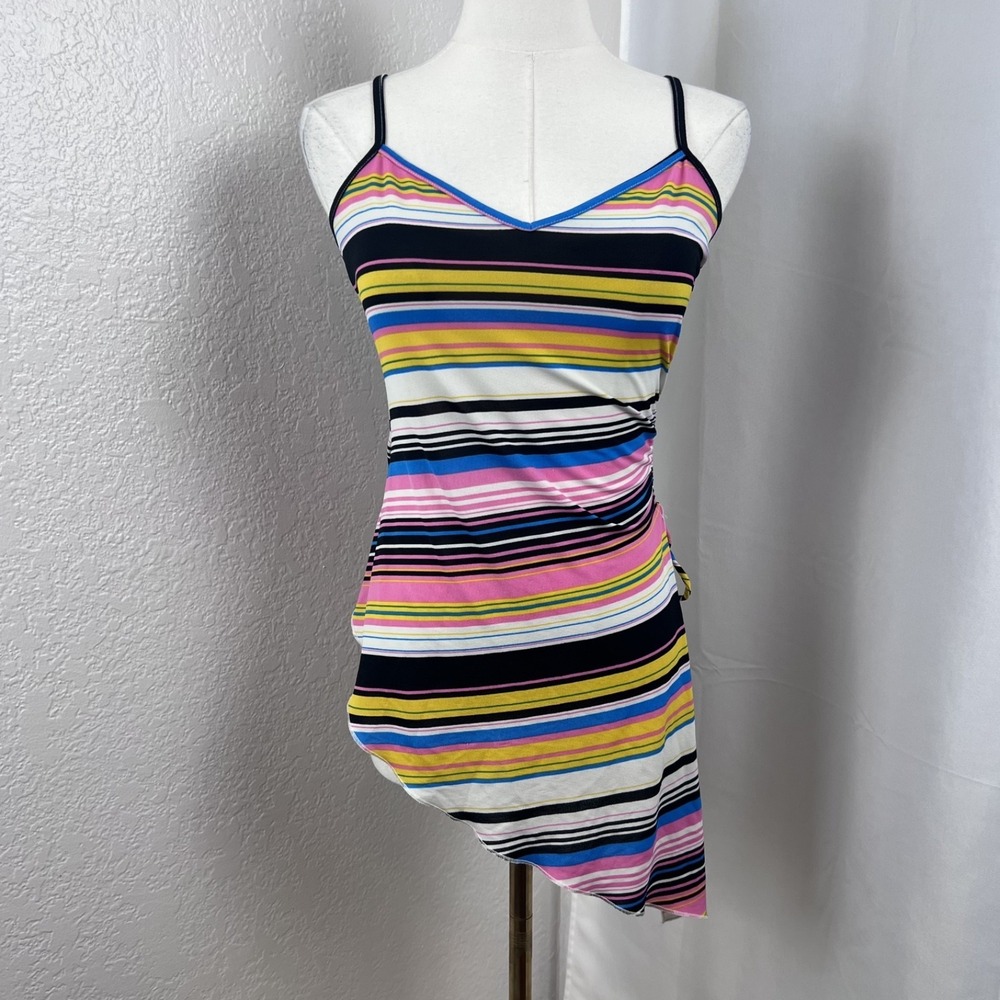 Vintage Y2K Striped Asymmetrical Tank Top Juniors Small Retro Fitted Lightweight